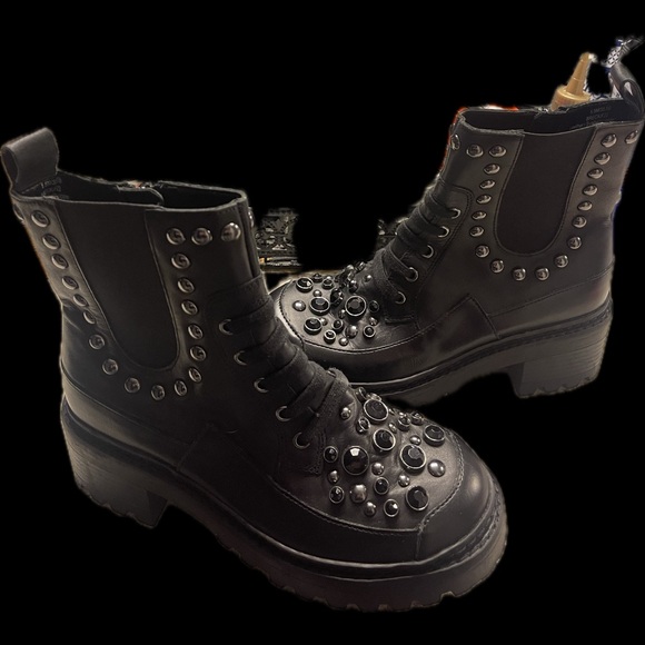 Karl Lagerfeld Black Studded Lace-Up Booties - Picture 7 of 8